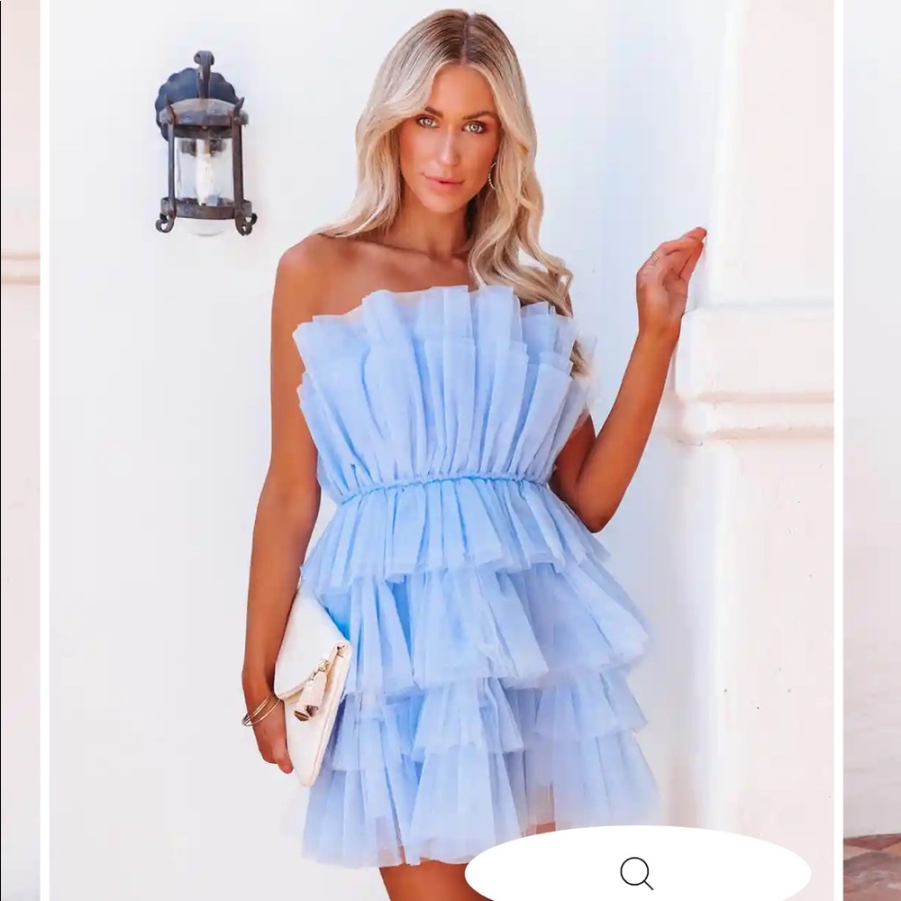 VICI LILLE STRAPLESS TULLE MINI DRESS - DUSTY BLUE